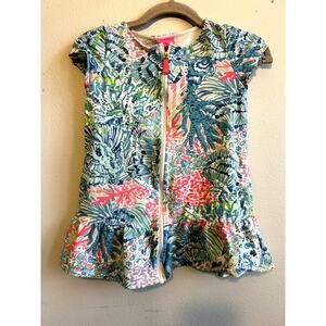 Lilly Pulitzer UPF 50+ Ivy Cover Up Girls Swim Beach Full Zip Coral Ocean M 6/7